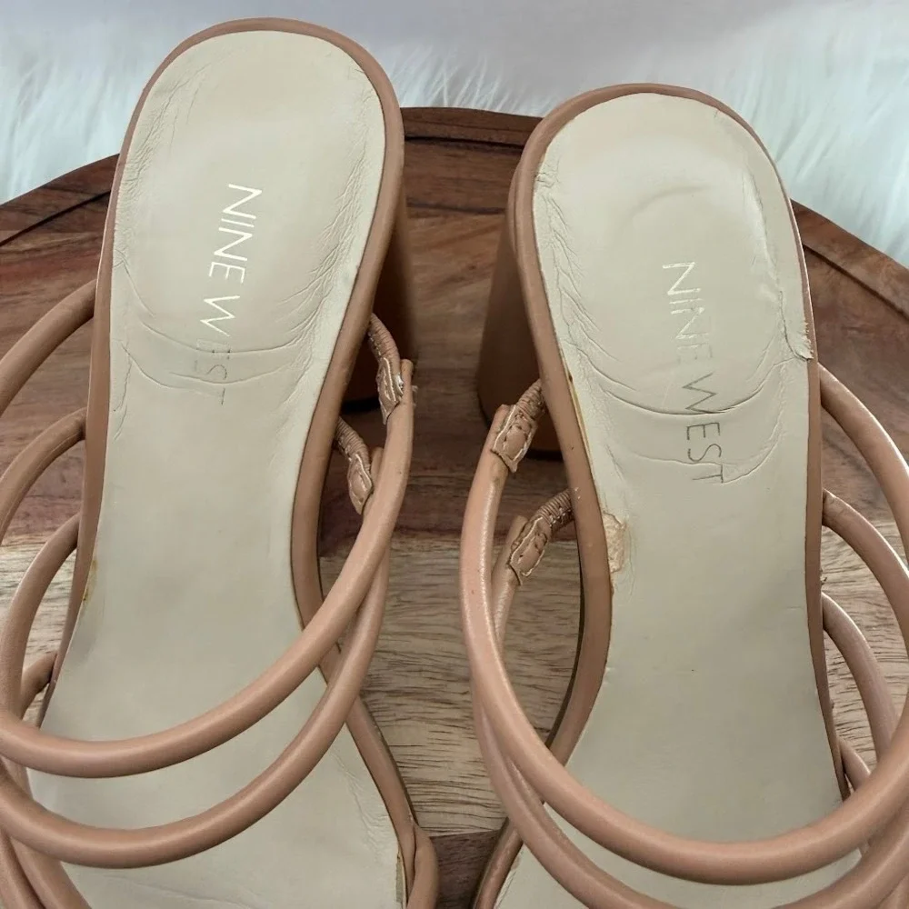 Nine West Tan Strappy Block Heel Square Toe Sandals Mules Womens 7.5M